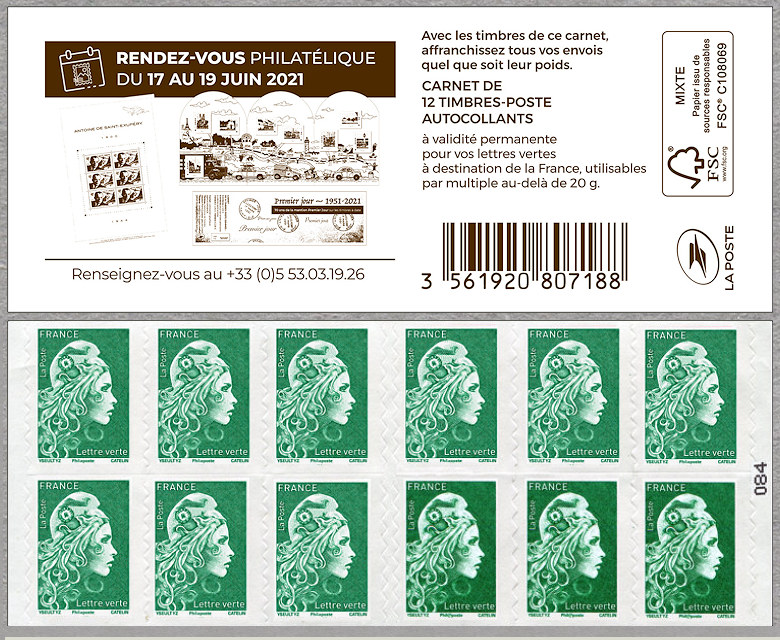 Marianne d´Yseult Digan<br /> Carnet de 12 timbres autoadhésifs pour lettre verte jusqu´à 20g  - Rendez-vous philatélique du 17 au 19 juin 2021