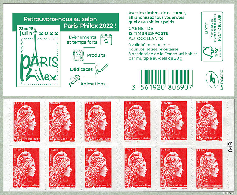Marianne d´Yseult Digan 
<br /> 
Carnet de 12 timbres autoadhésifs pour lettre prioritaire jusqu´à 20g 
<br />Salon Paris Philex 2022