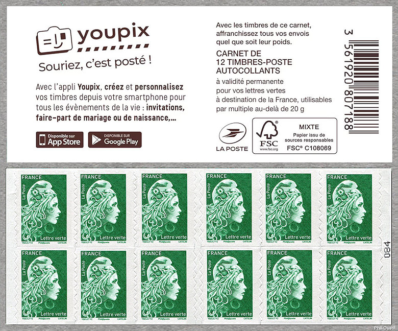 Marianne d´Yseult Digan<br /> Carnet de 12 timbres autoadhésifs pour lettre verte jusqu´à 20g « <i>«Youpix» Souriez, c´est posté !</i> »