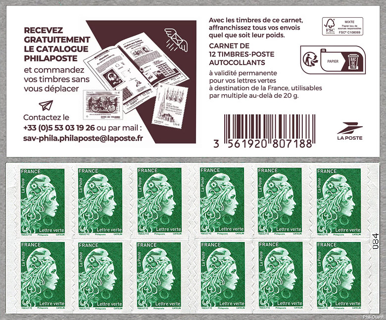 Image du timbre Marianne d'Yseult Digan 
- 
Carnet de 12 timbres autoadhésifs pour lettre verte jusqu'à 20g 
-
Recevez grauitement le catalogue Philaposte