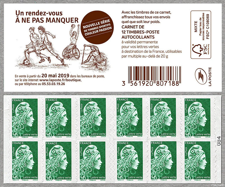 Marianne d´Yseult Digan<br /> Carnet de 12 timbres autoadhésifs pour lettre verte jusqu´à 20g<br />Nouvelle série Timbres sportifs <i>Couleur Passion</i>