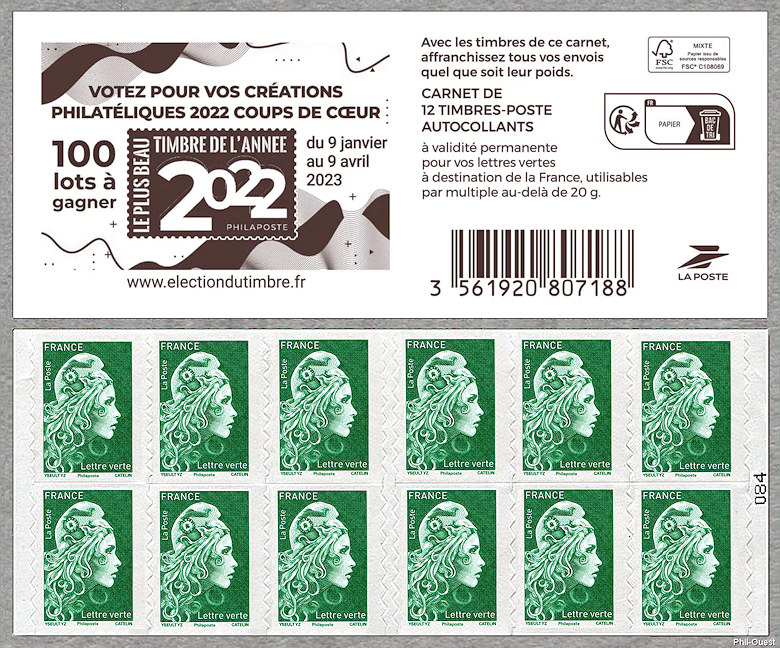 Image du timbre Marianne d'Yseult Digan - Carnet de 12 timbres autoadhésifs pour lettre verte jusqu'à 20g -Élection du plus beau Timbre de l'année 2022 - Votez pour vos créations philatéliques 2022