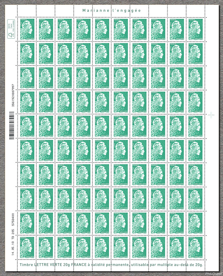 Marianne d´Yseult Digan surchargée<br />Dernière feuille de 100 timbres pour  lettres vertes jusqu´à 20g