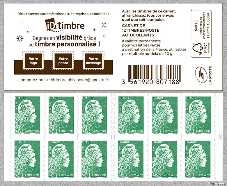 Image du timbre Marianne d'Yseult Digan- Carnet de 12 timbres autoadhésifs pour lettre verte jusqu'à 20g-ID timbre - Gagnez en visibilité grâce au timbre personnalisé 
« Offre réservée au entreprises »