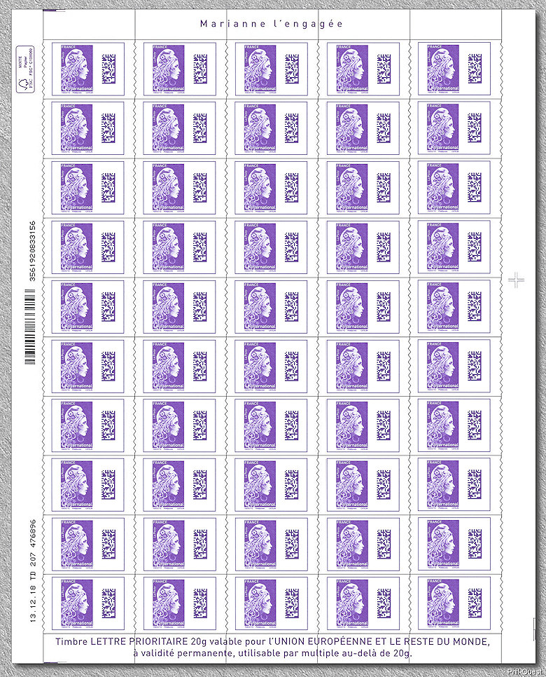 Feuille de 50 timbres autoadhésifs - Marianne d´Yseult Digan - Lettre prioritaire pour l´international jusqu´à 20g