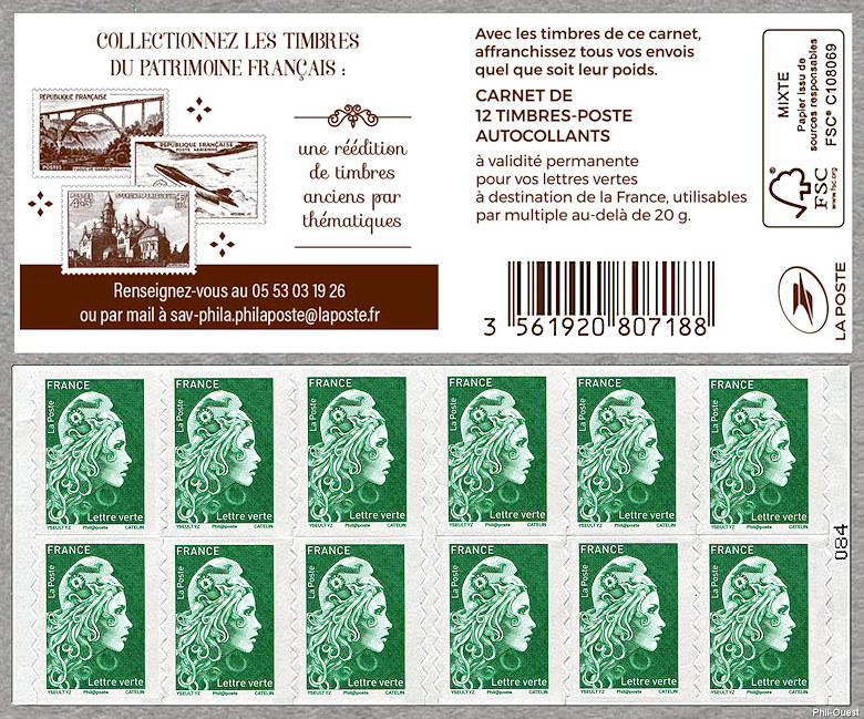Carnet de 12 timbres autoadhésifs pour lettre verte jusqu´à 20g <br />Collectionnez les timbres du patrimoine français
