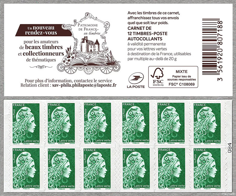 Marianne d´Yseult Digan<br /> Carnet de 12 timbres autoadhésifs pour lettre verte jusqu´à 20g <br />Patrimoine de France en timbres
