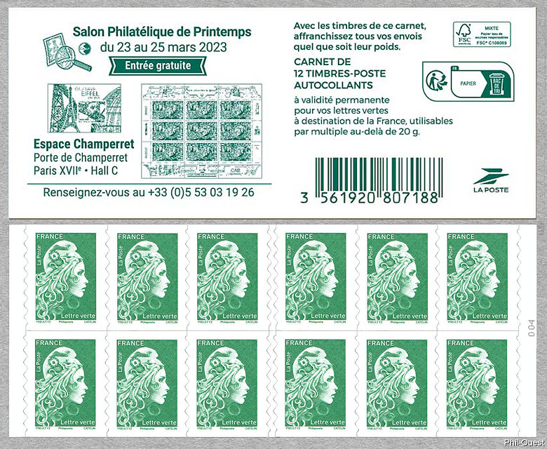 Image du timbre Marianne d'Yseult Digan- Carnet de 12 timbres autoadhésifs pour lettre verte jusqu'à 20g-Salon Philatélique de Printemps