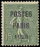 Semeuse lignée 15c vert  préoblitéré
   surchargé POSTES PARIS 1920