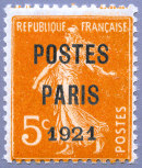 Semeuse 5c orange  fond plein sans sol préoblitéré
   surchargé POSTES PARIS 1921