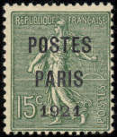 Semeuse lignée 15c vert  l préoblitéré
   surchargé POSTES PARIS 1921