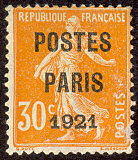 Semeuse 30c orange<br />surchargé POSTES PARIS 1921