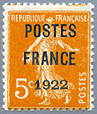 Semeuse 5c orange    fond plein sans sol préoblitéré<br />surchargé POSTES FRANCE 1922