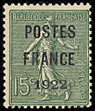 Semeuse lignée 15 c vert-olive   préoblitéré
   surchargé POSTES FRANCE 1922