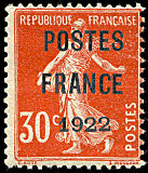 Image du timbre Semeuse 30c rouge  fond plein sans sol préoblitéré-surchargé POSTES FRANCE 1922