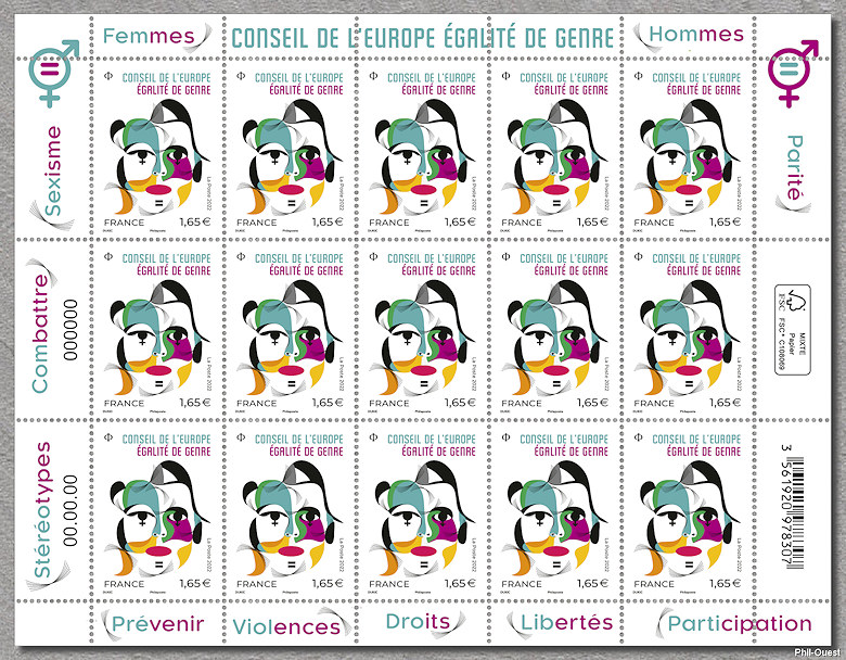 Feuille de 15 timbres du  Conseil de l´Europe<br /> Égalité de genre