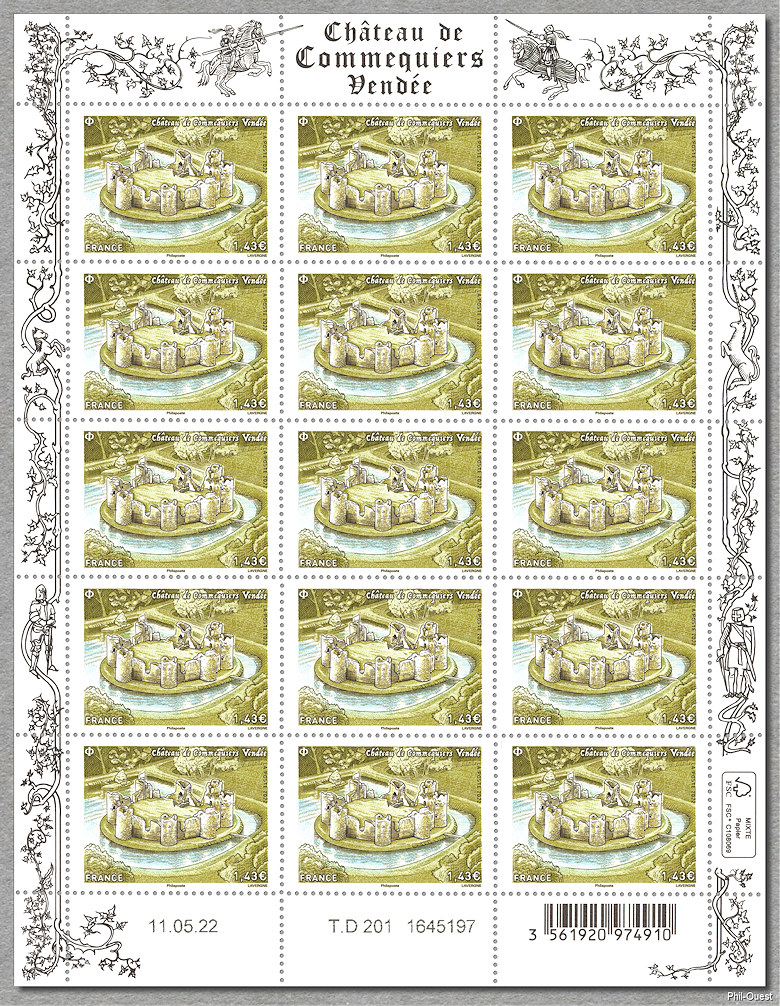 Feuille de 15 timbres du château de Commequiers - Vendée