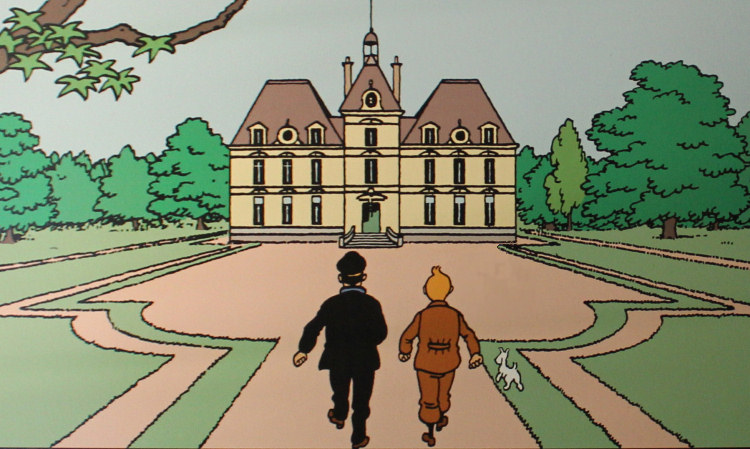 Dessin d'Hergé : Tintin, Milou et le capitaine Haddock visitent Cheverny