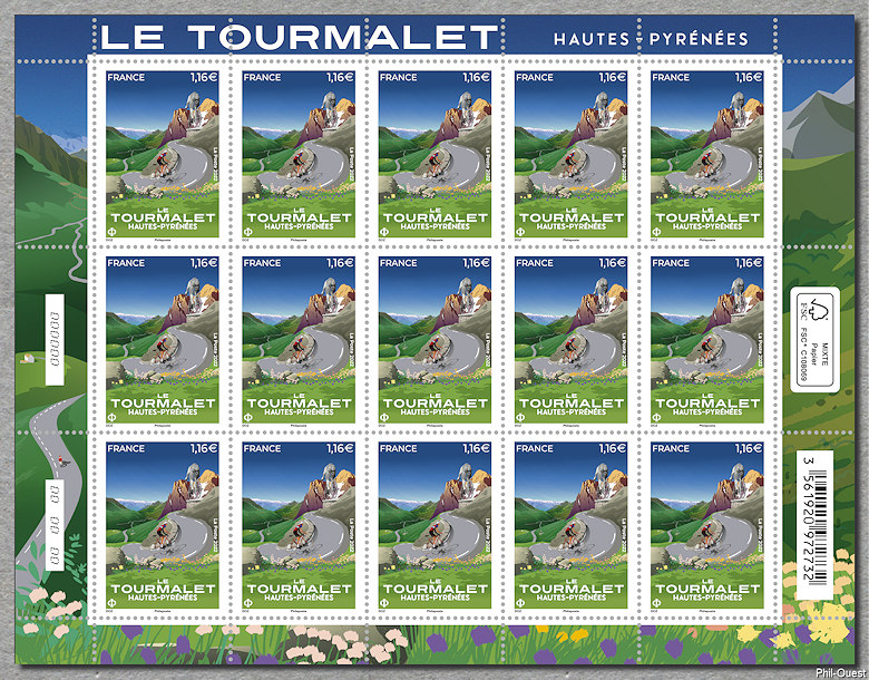 Le Tourmalet - Hautes-Pyrénées - Feuillet de 15 timbres