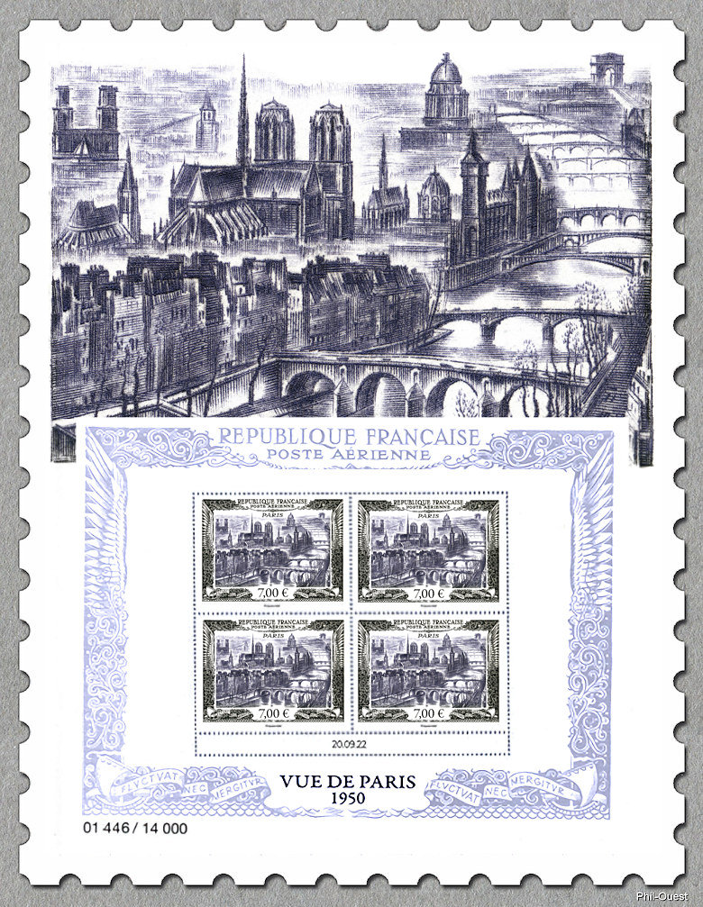 Affiche avec 4 timbres «Vue de Paris 1950»